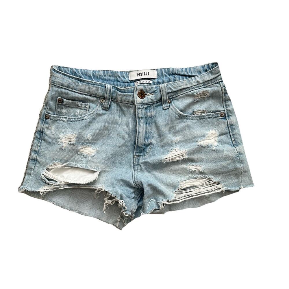 Pistola Cut Off Jeanโ Shorts Women's 26 Light Wash Button Fly Raw Hem Distressed